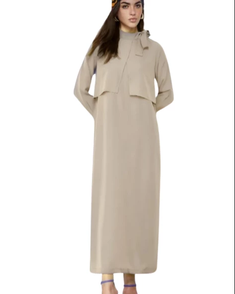 Dökümlü Şal Yaka Uzun Krem Elbise ürün görseli