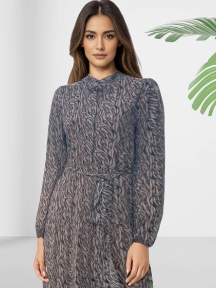 Şifon Astarlı Leopar Desenli Uzun Elbise - Resim 5