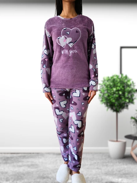 With You Kalp Desenli Kadın Polar Peluş Pijama Takımı (Mor) - Resim 3