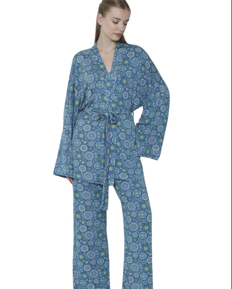Limissi Viskon Desenli Mavi 3'lü Pijama Takımı %100 Pamuk