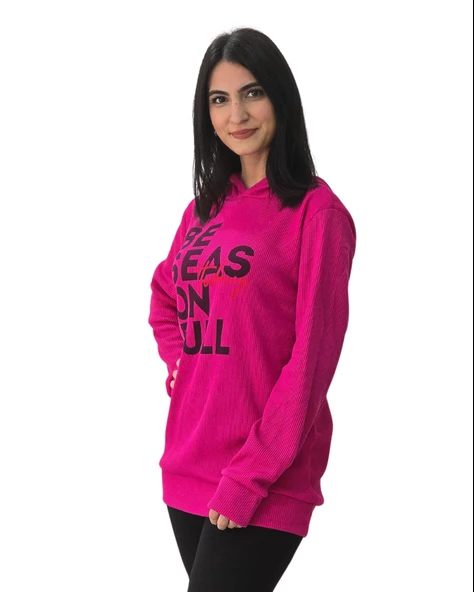 Be Season Baskılı Kapüşonlu Swaetshirt (Fuşya)