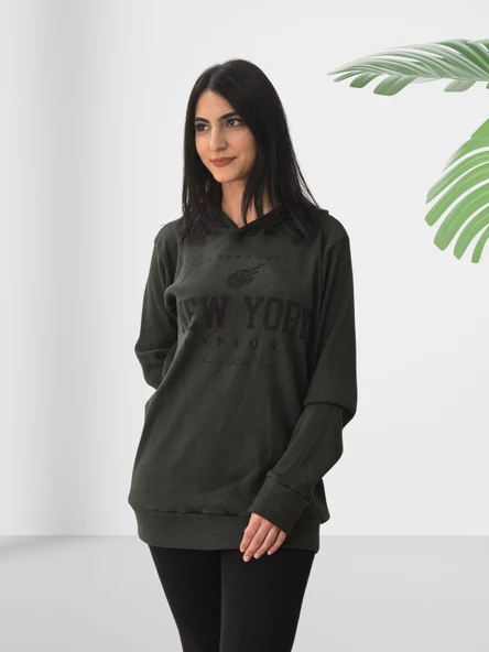 New York Baskılı Kapüşonlu Swaetshirt (Haki) - Resim 2