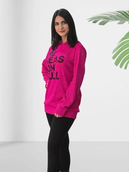 Be Season Baskılı Kapüşonlu Swaetshirt (Fuşya) - Resim 2