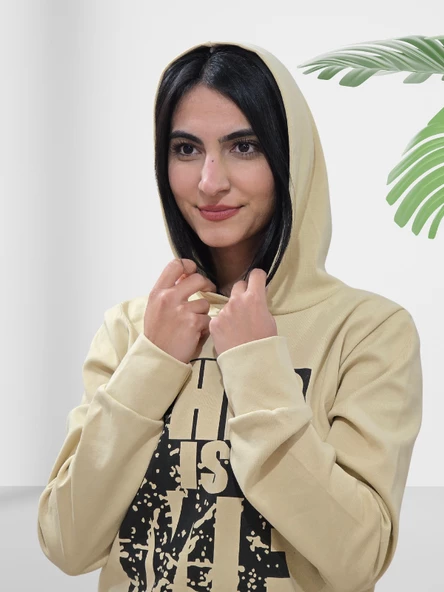Baskılı Kapüşonlu Swaetshirt (Krem) - Resim 3