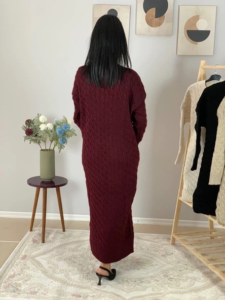 Bsiklet Yaka Saç Örgülü Triko Midi Elbise (Bordo) - 7