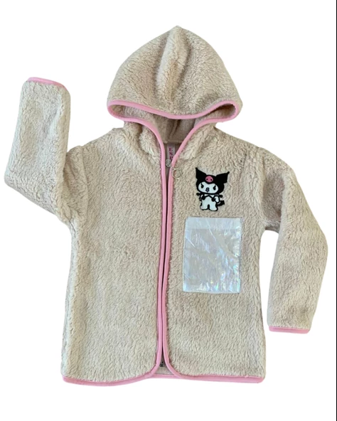 Fermuarlı Kapüşonlu Peluş Polar Baskılı Kız Çocuk Mont (S.Kahve)