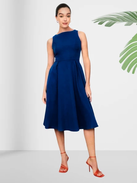 Kayık Yaka Diz Altı Düz Lacivert Elbise - Resim 2