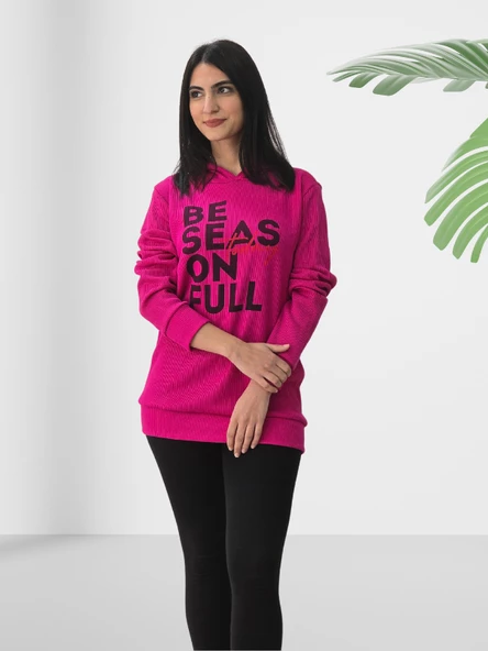 Be Season Baskılı Kapüşonlu Swaetshirt (Fuşya) - Resim 4