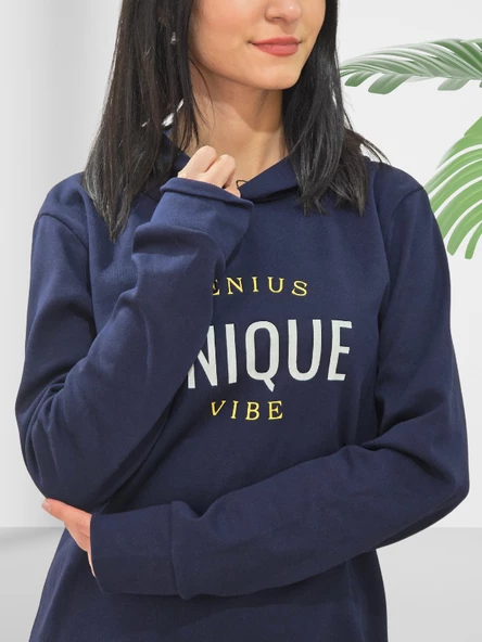 Unique Baskılı Kapüşonlu Swaetshirt (Lacivert) - Resim 3