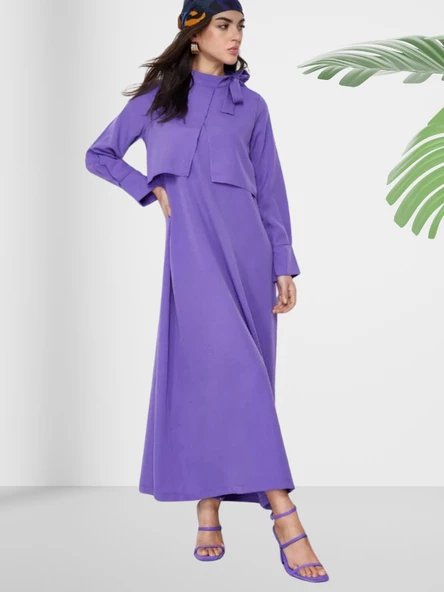 Dökümlü Şal Yaka Uzun Lila Elbise - Resim 4