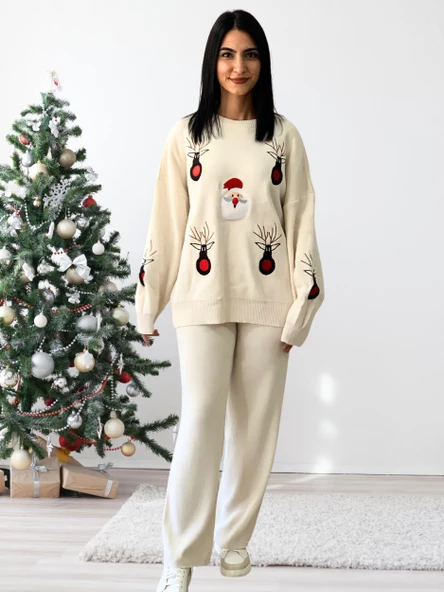 Kadın Uzun Kol Yeni Yıl Nakışlı Bisiklet Yaka Triko Kazak Pantolon Takım (Beyaz) - Resim 2