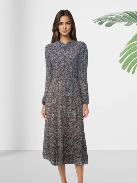 Şifon Astarlı Leopar Desenli Uzun Elbise - Resim 3