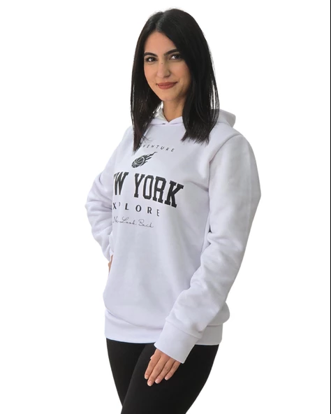 New York Baskılı Kapüşonlu Swaetshirt (Beyaz)