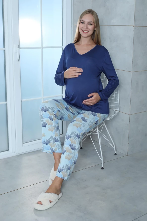 Limissi Viskon Desenli Mavi Pijama Takımı %100 Pamuk - 8