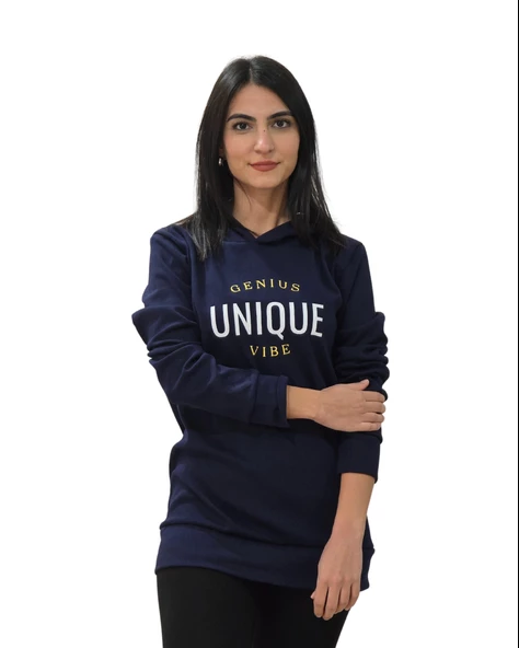 Unique Baskılı Kapüşonlu Swaetshirt (Lacivert)