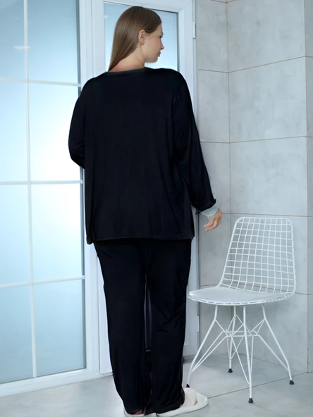 Limissi Viskon Büyük Beden Siyah Pijama Takımı %100 Pamuk - Resim 3