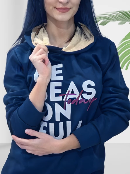 Be Season Full Baskılı Kapüşonlu Swaetshirt (Lacivert) - 3