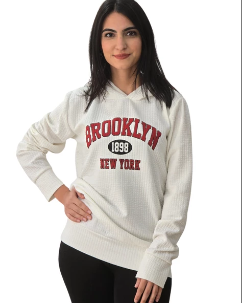 Brooklyn Baskılı Kapüşonlu Swaetshirt (Beyaz)