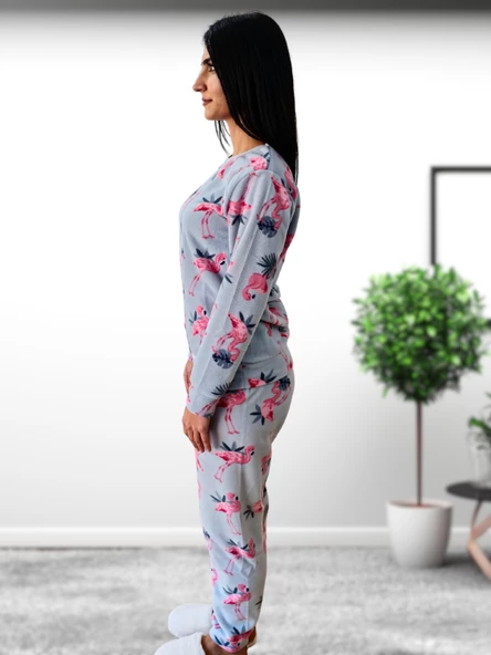 Flamingo Desenli Kadın Polar Peluş Pijama Takımı (Yeşil) - Resim 2
