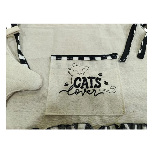 Kedi Lover Nakışlı, Fırfırlı, Buldan Keten Fırın Önlüğü (ÖRTÜSÜ) Ve Eldiveni - 2
