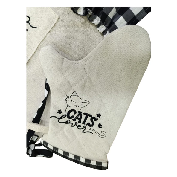 Kedi Lover Nakışlı, Fırfırlı, Buldan Keten Fırın Önlüğü (ÖRTÜSÜ) Ve Eldiveni - 3