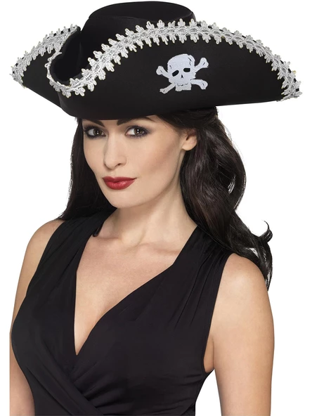 Yetişkin Siyah Denizci Korsan Şapkası Kenarları Gümüş İşlemeli - Resim 2