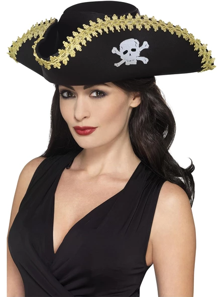 Yetişkin Siyah Denizci Korsan Şapkası Kenarları Altın İşlemeli - Resim 2