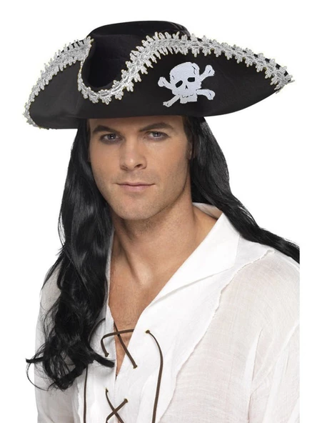 Yetişkin Siyah Denizci Korsan Şapkası Kenarları Gümüş İşlemeli ürün görseli 1