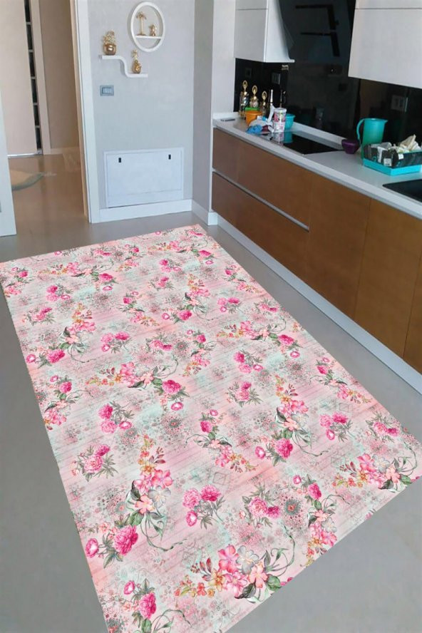 Pembe Karanfil Desenli Lastikli Yıkanabilir Dijital Baskı Halı Örtüsü