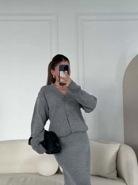 V Yaka Hırka Takım Triko İkili Etekli - Gri - 5