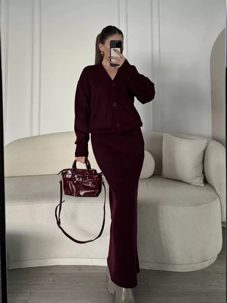 V Yaka Hırka Takım Triko İkili Etekli - Bordo - 2