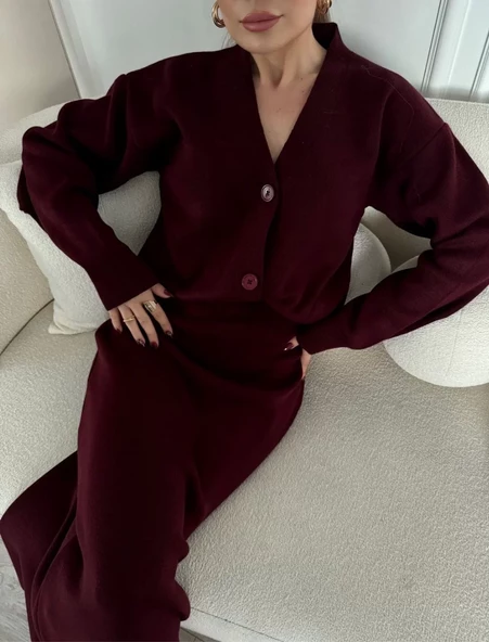 V Yaka Hırka Takım Triko İkili Etekli - Bordo - 6