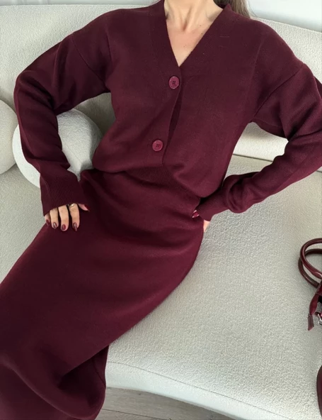 V Yaka Hırka Takım Triko İkili Etekli - Bordo - 5