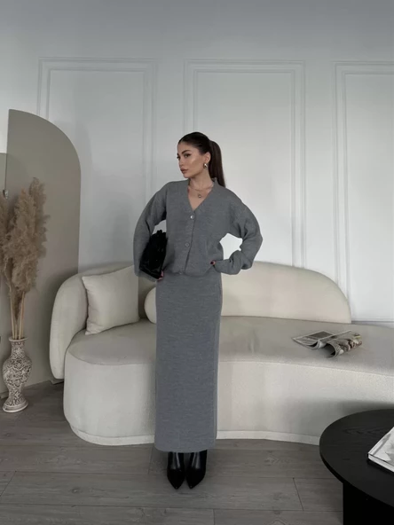 V Yaka Hırka Takım Triko İkili Etekli - Gri - 2