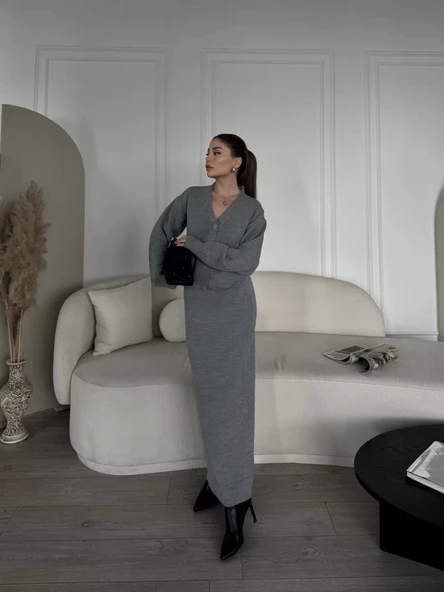 V Yaka Hırka Takım Triko İkili Etekli - Gri