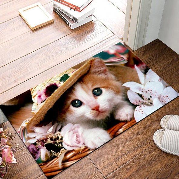 Yavru Kedi Desenli Lastikli Yıkanabilir Dijital Baskı Halı Örtüsü - 1
