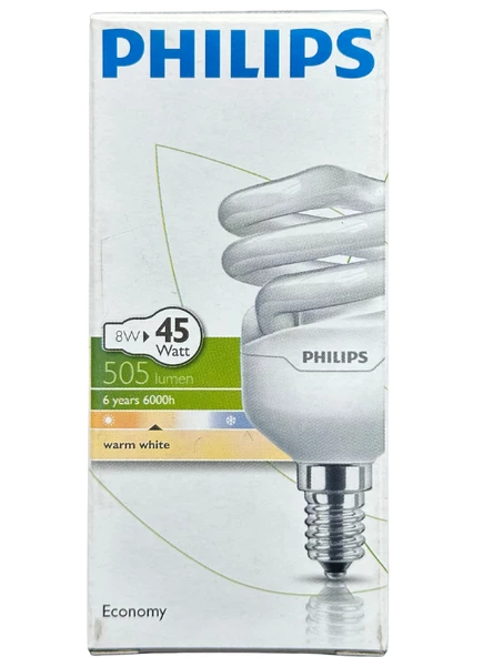 Philips 8W (45W) 2700K (Sarı Işık) E14 Duylu (İnce Duy) Floresan Ampul