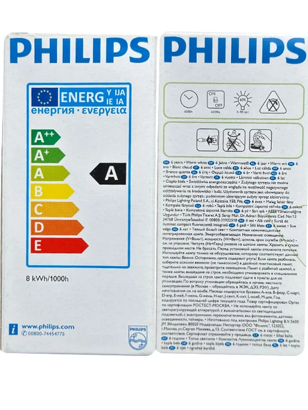 Philips 8W (45W) 2700K (Sarı Işık) E14 Duylu (İnce Duy) Floresan Ampul - 3