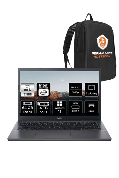 ACER  Aspire 5 i5 12450H 64GB RAM 4TB SSD 15.6'' FHD W11H Taşınabilir Bilgisayar & PER4 Çanta