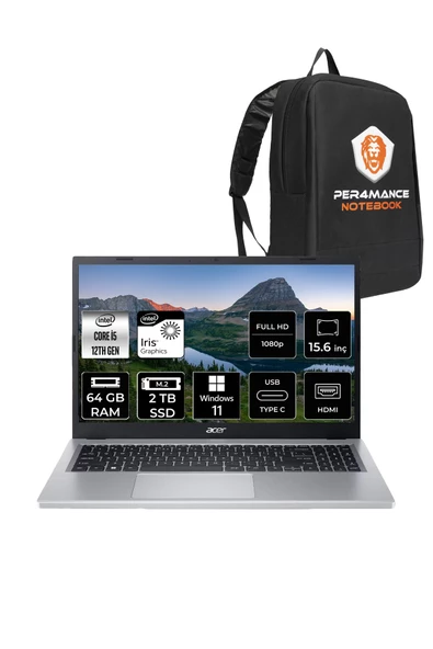 ACER  Aspire 3 i5 1235U 64GB RAM 2TB SSD 15.6'' FHD W11H Taşınabilir Bilgisayar & PER4 Çanta