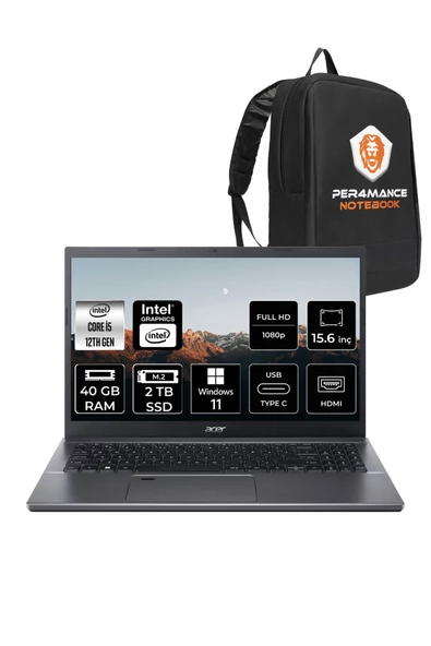 ACER  Aspire 5 i5 12450H 40GB RAM 2TB SSD 15.6'' FHD W11P Taşınabilir Bilgisayar & PER4 Çanta