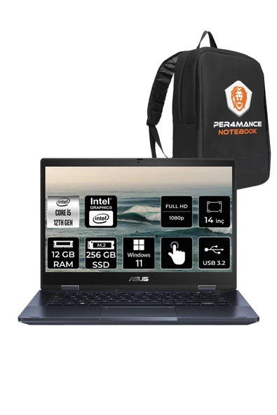 ASUS  ExpertBook B3 Flip i5 1235U 12GB RAM 256GB SSD 14" FHD W11H Dokunmatik Bilgisayar & PER4 Çanta