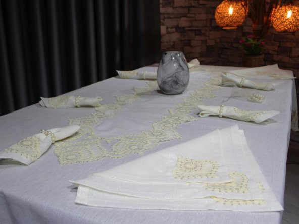 Çeyiz Diyarı Kar Tanesi 26 Parça Masa Örtüsü Takımı Krem - 2
