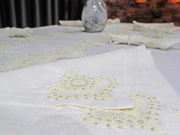 Çeyiz Diyarı Kar Tanesi 26 Parça Masa Örtüsü Takımı Krem - 4