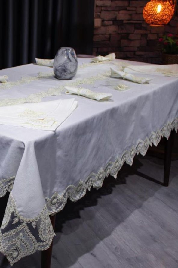 Çeyiz Diyarı Kar Tanesi 26 Parça Masa Örtüsü Takımı Krem - 6