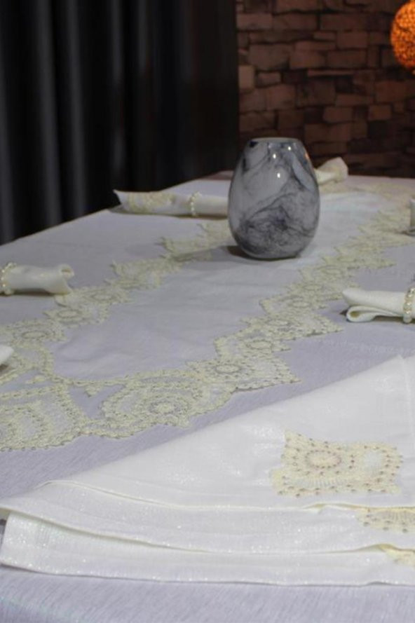 Çeyiz Diyarı Kar Tanesi 26 Parça Masa Örtüsü Takımı Krem - 7