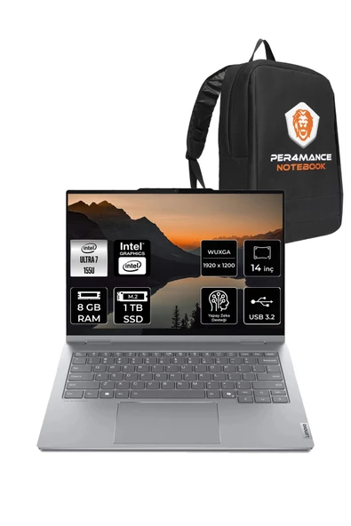 LENOVO  ThinkBook 14 Ultra 7 155U 8GB 1TB SSD 14" FDOS WUXGA Dokunmatik 2'si 1 Arada & PER4 Çanta