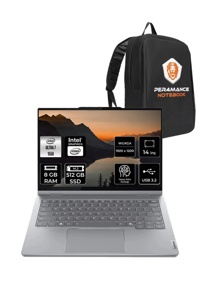 LENOVO  ThinkBook 14 Ultra 7 155U 8GB 512GB SSD 14" FDOS WUXGA Dokunmatik 2'si 1 Arada & PER4 Çanta