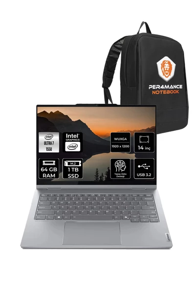 LENOVO  ThinkBook 14 Ultra 7 155U 64GB 1TB SSD 14" FDOS WUXGA Dokunmatik 2'si 1 Arada & PER4 Çanta