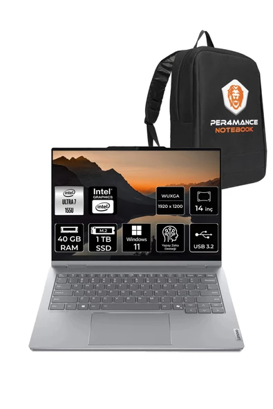 LENOVO  ThinkBook 14 Ultra 7 155U 40GB 1TB SSD 14" W11P WUXGA Dokunmatik 2'si 1 Arada & PER4 Çanta